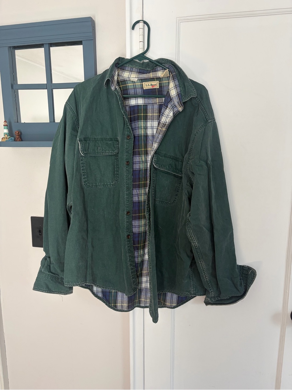 L.L. Bean Vintage Men’s Forest Green Button-Front Shirt Jacket with Plaid Lining